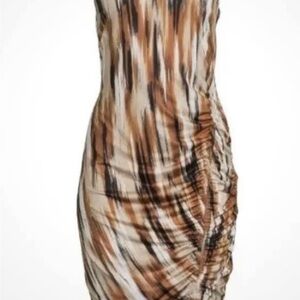 Ruched Sleeveless Midi Dress in Brown Tie-Dye